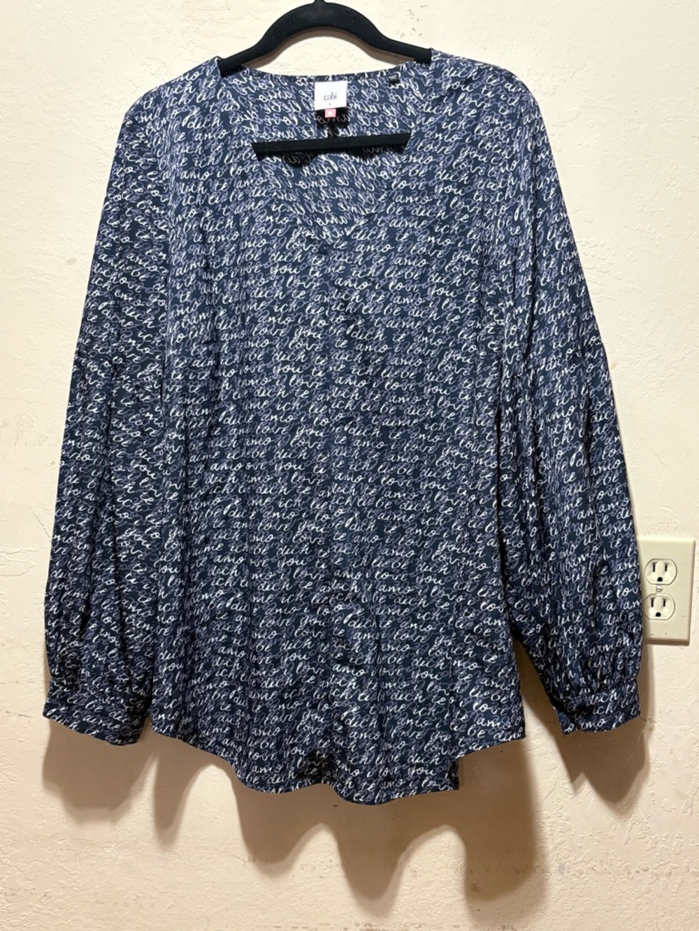 CAbi Navy and White Script Print Blouse